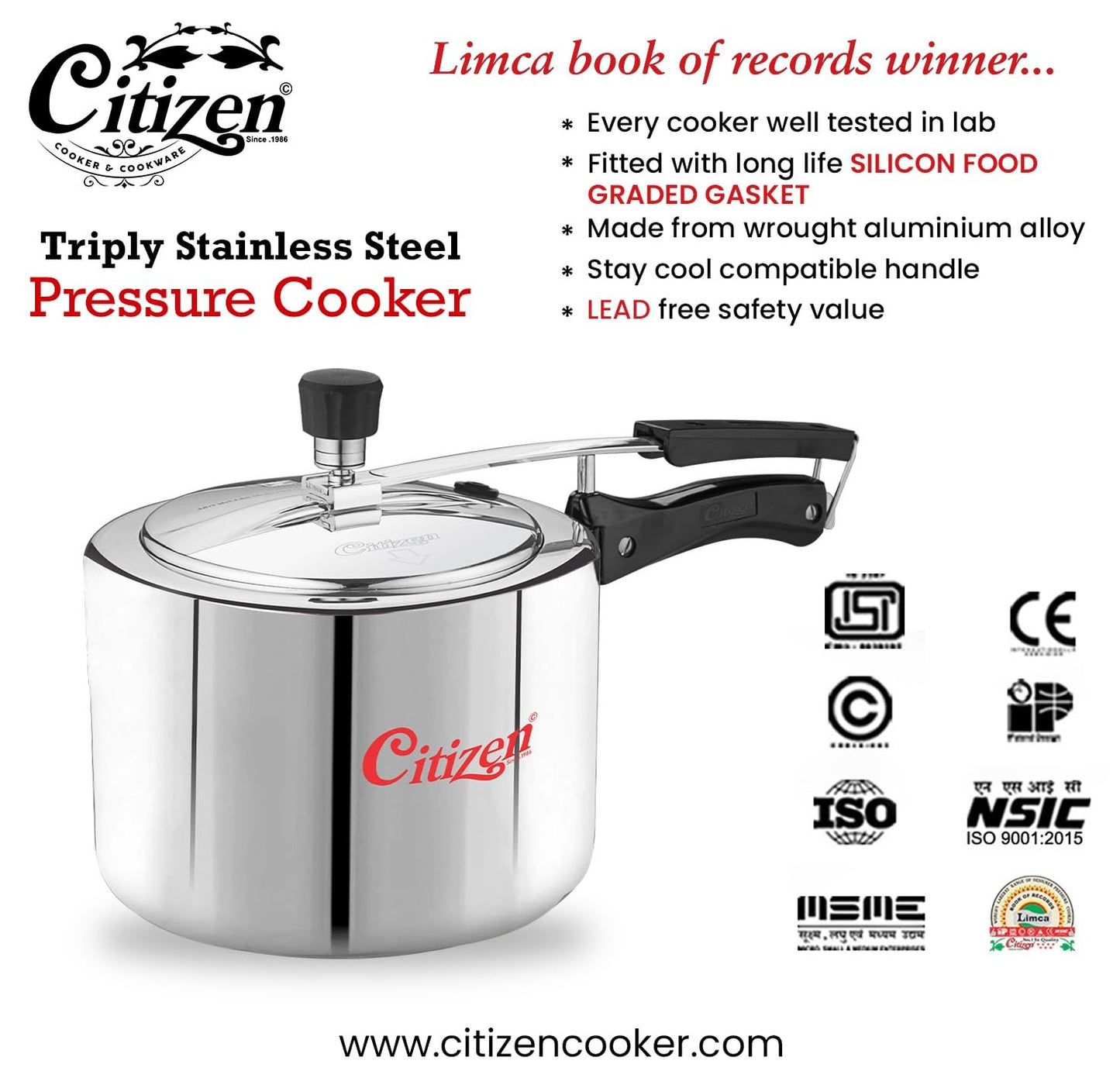 Citizen Smart TRI PLY Stainless Steel Inner Lid Pressure Cooker (ISI Certified, Induction and Gas Compatible)