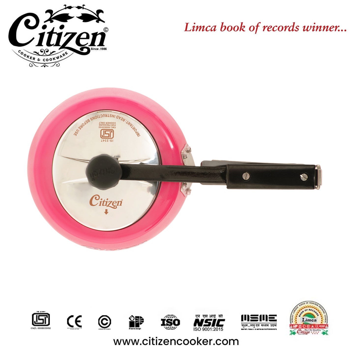 Citizen Handi Color Pink Glossy with SS Lid & Induction + Gas Compatible Inner Lid Pressure Cooker (ISI Certified)