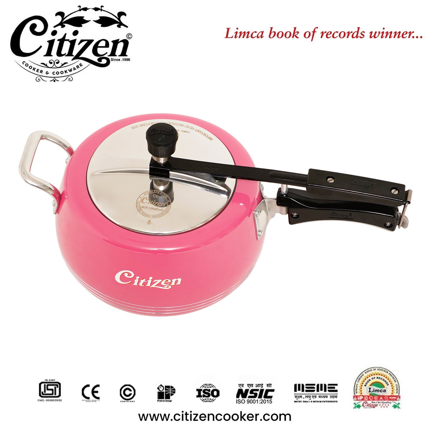 Citizen Handi Color Pink Glossy with SS Lid & Induction + Gas Compatible Inner Lid Pressure Cooker (ISI Certified)
