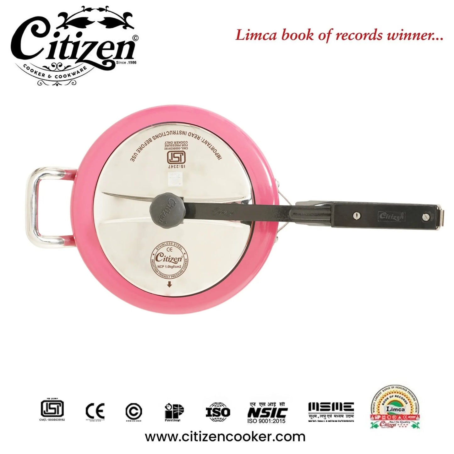 Citizen Smart Color Pink Glossy with SS Lid & Induction + Gas Compatible Inner Lid Pressure Cooker (ISI Certified) Citizen