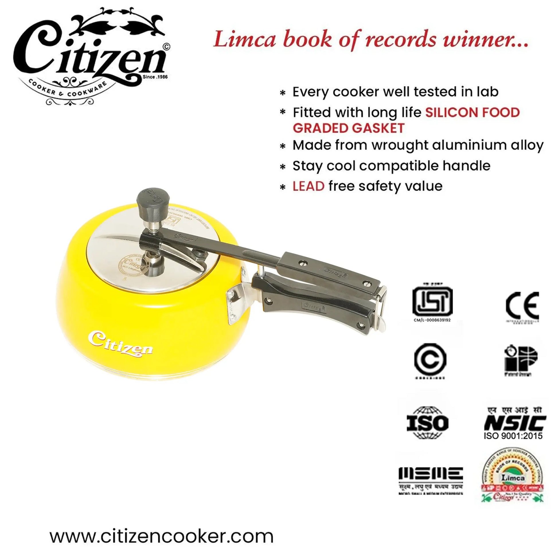 Citizen Handi Color Yellow Glossy with SS Lid & Induction + Gas Compatible Inner Lid Pressure Cooker (ISI Certified) Citizen