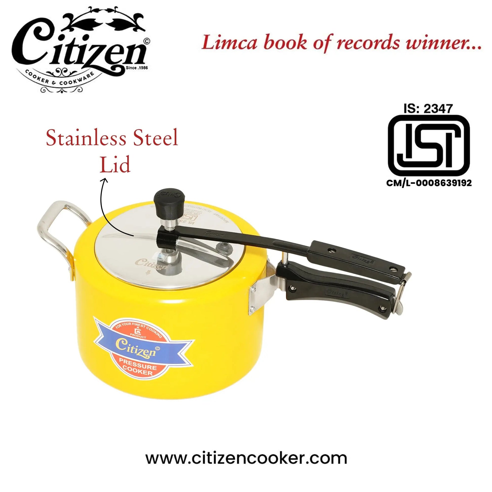 Citizen Smart Yellow Glossy with SS Lid & Induction + Gas Compatible Inner Lid Pressure Cooker (ISI Certified) Citizen