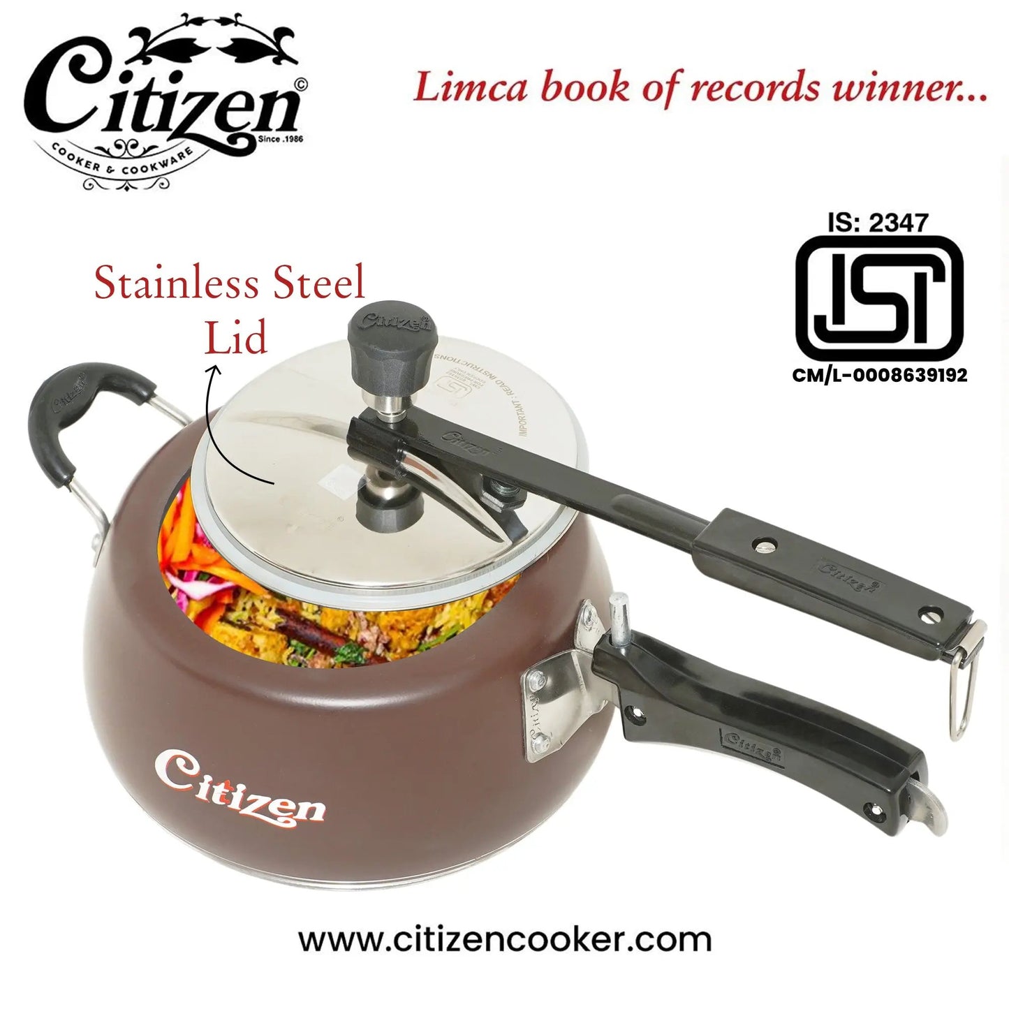 Citizen Handi Color Copper Matte with SS Lid & Induction + Gas Compatible Inner Lid Pressure Cooker (ISI Certified) Citizen