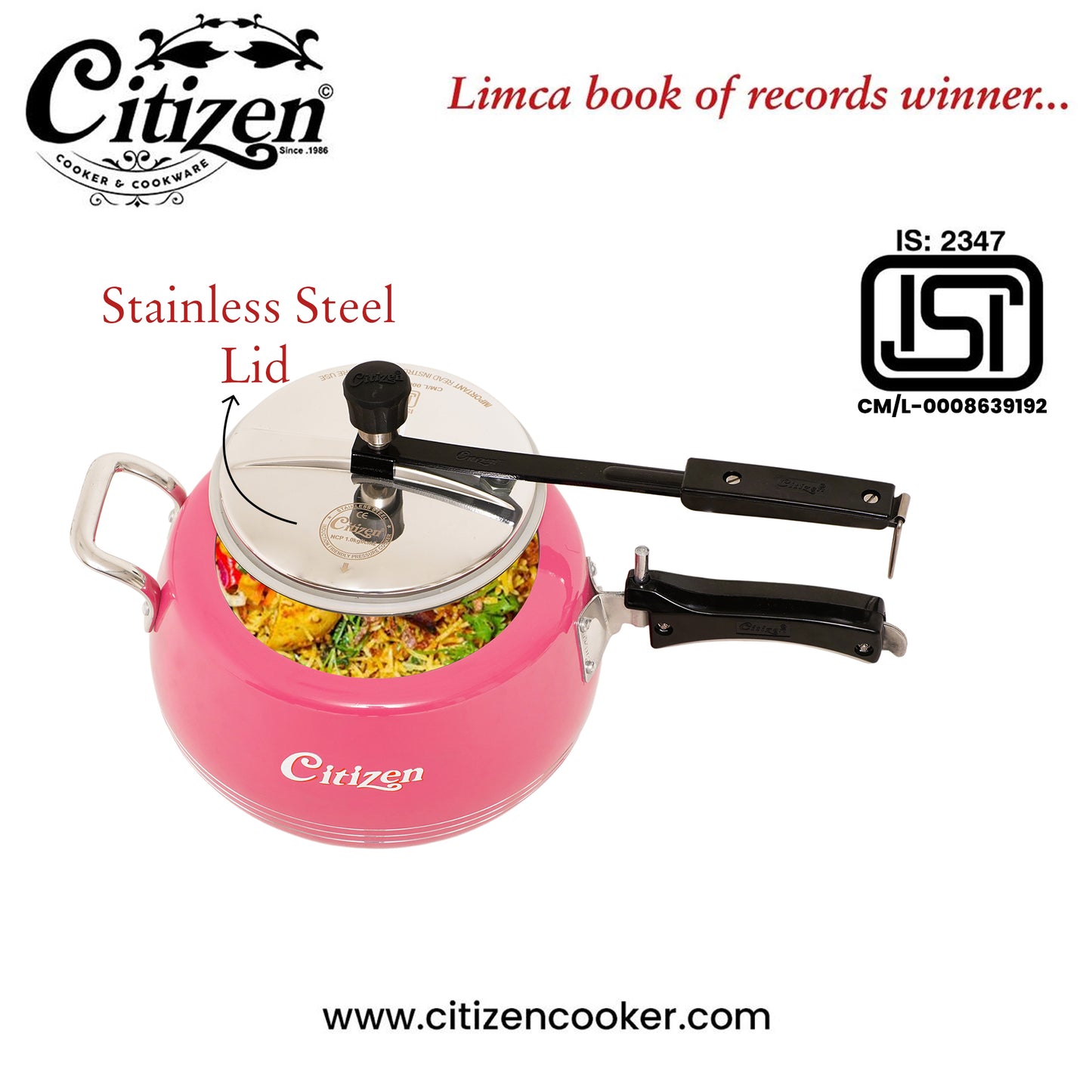 Citizen Handi Color Pink Glossy with SS Lid & Induction + Gas Compatible Inner Lid Pressure Cooker (ISI Certified)