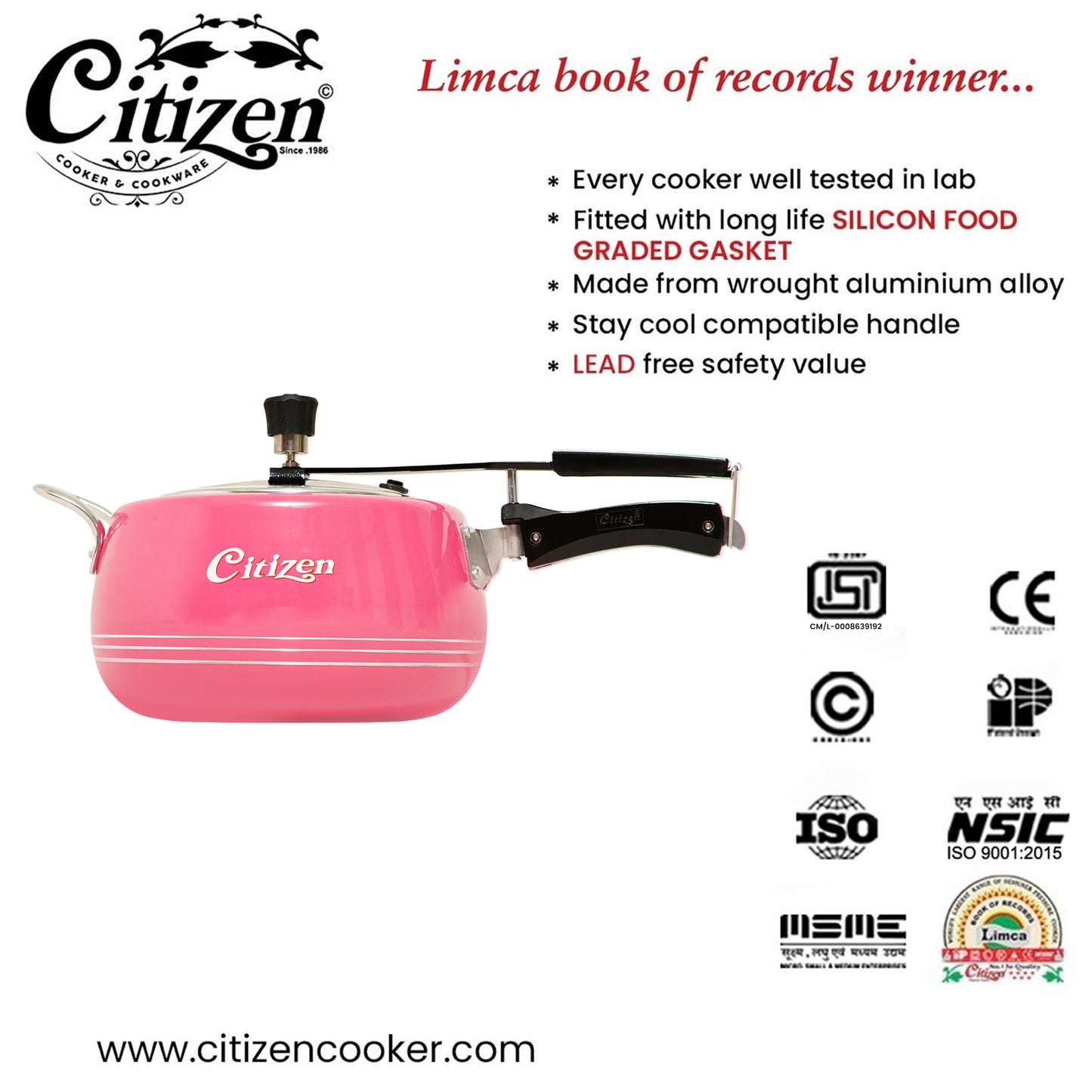 Citizen Handi Color Pink Glossy with SS Lid & Induction + Gas Compatible Inner Lid Pressure Cooker (ISI Certified)