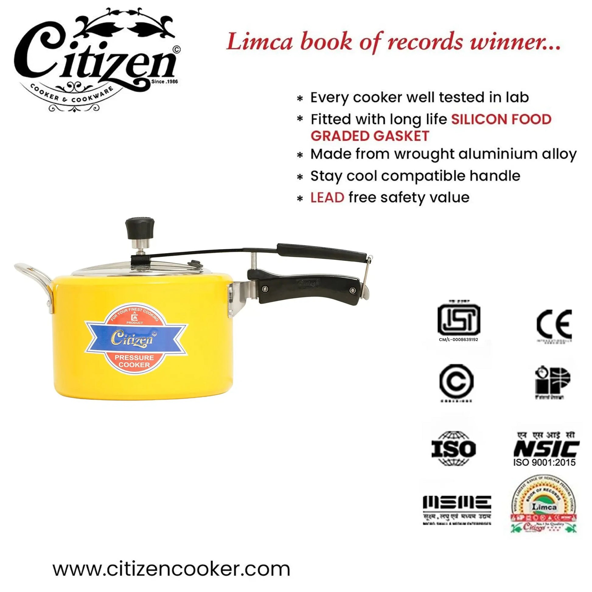 Citizen Smart Yellow Glossy with SS Lid & Induction + Gas Compatible Inner Lid Pressure Cooker (ISI Certified) Citizen