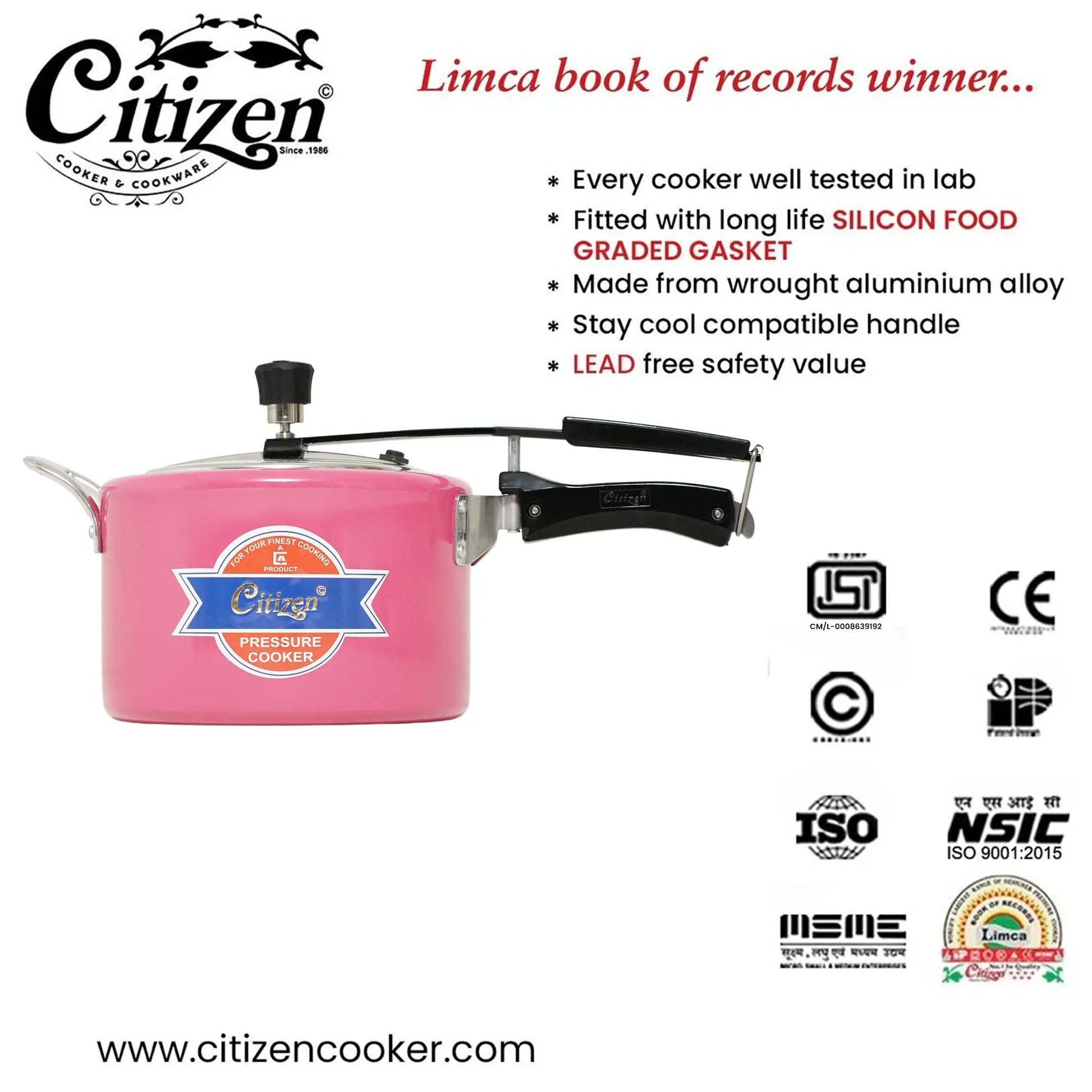Citizen Smart Color Pink Glossy with SS Lid & Induction + Gas Compatible Inner Lid Pressure Cooker (ISI Certified) Citizen