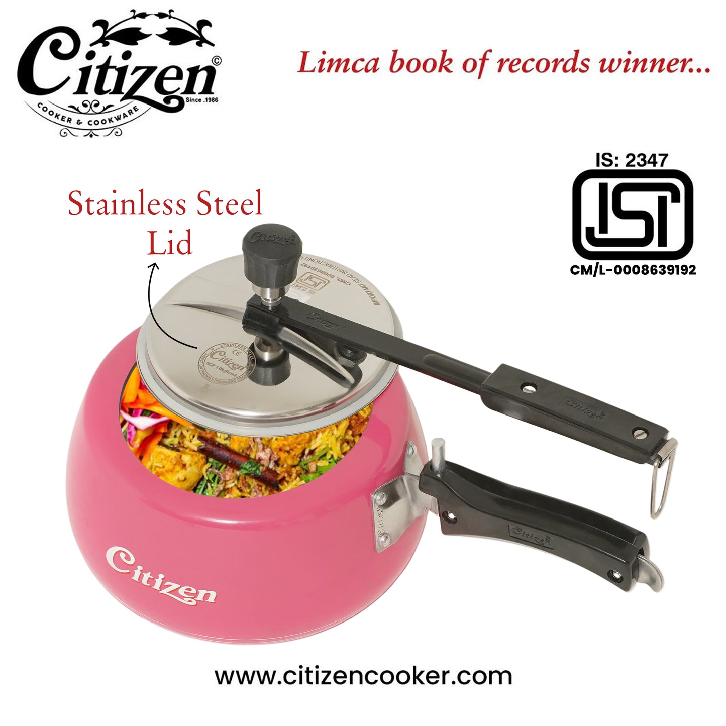 Citizen Handi Color Pink Glossy with SS Lid & Induction + Gas Compatible Inner Lid Pressure Cooker (ISI Certified)