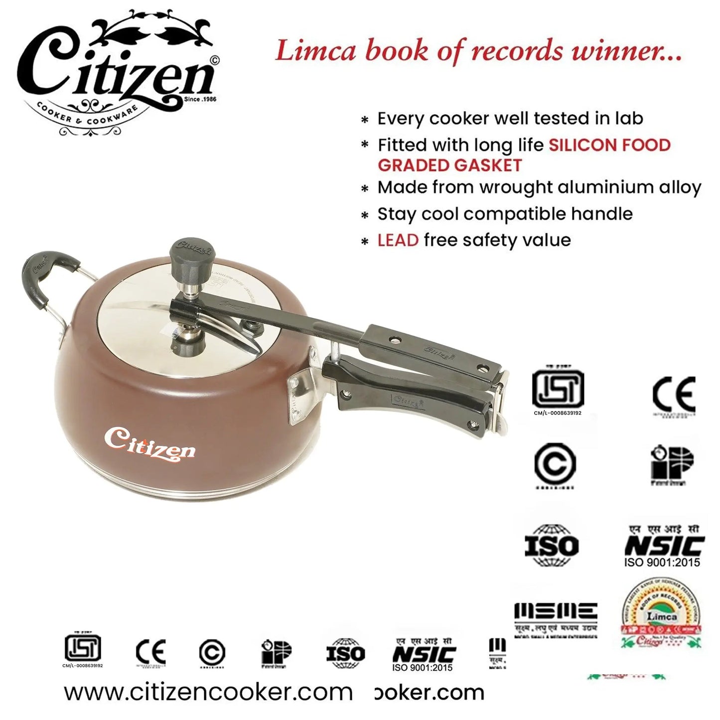 Citizen Handi Color Copper Matte with SS Lid & Induction + Gas Compatible Inner Lid Pressure Cooker (ISI Certified) Citizen