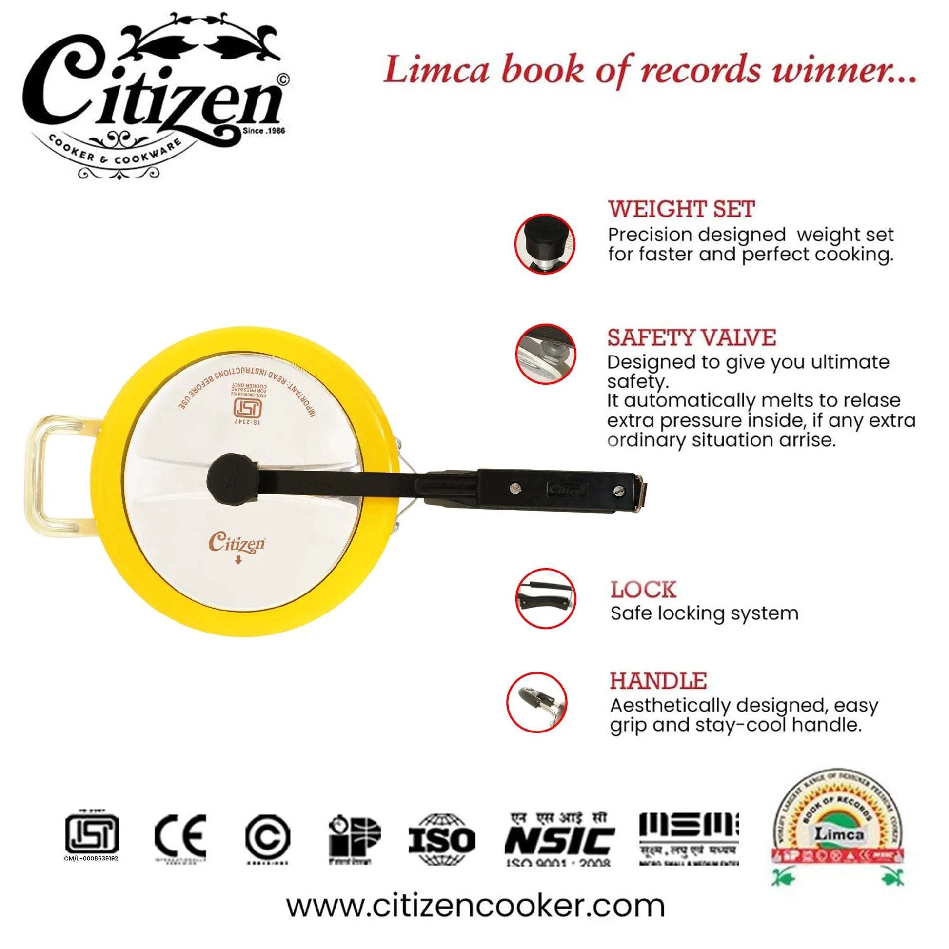Citizen Smart Yellow Glossy with SS Lid & Induction + Gas Compatible Inner Lid Pressure Cooker (ISI Certified) Citizen