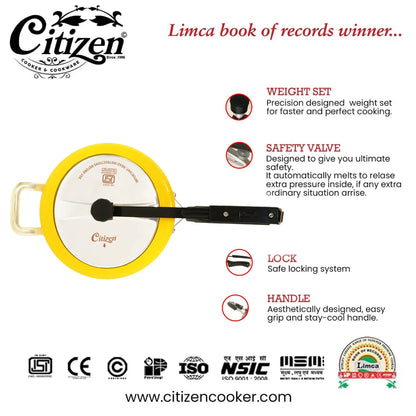 Citizen Smart Yellow Glossy with SS Lid & Induction + Gas Compatible Inner Lid Pressure Cooker (ISI Certified) Citizen