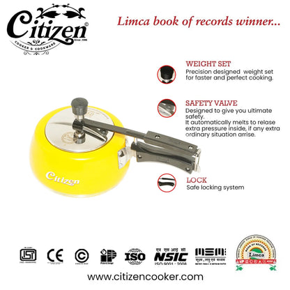 Citizen Handi Color Yellow Glossy with SS Lid & Induction + Gas Compatible Inner Lid Pressure Cooker (ISI Certified) Citizen