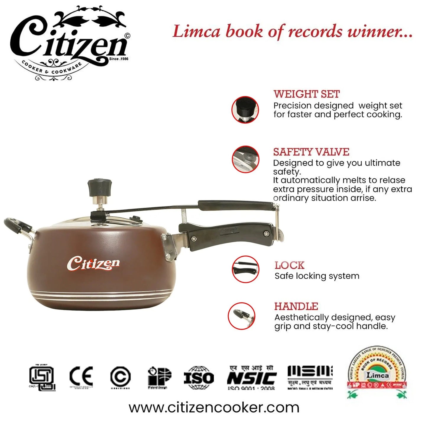 Citizen Handi Color Copper Matte with SS Lid & Induction + Gas Compatible Inner Lid Pressure Cooker (ISI Certified) Citizen
