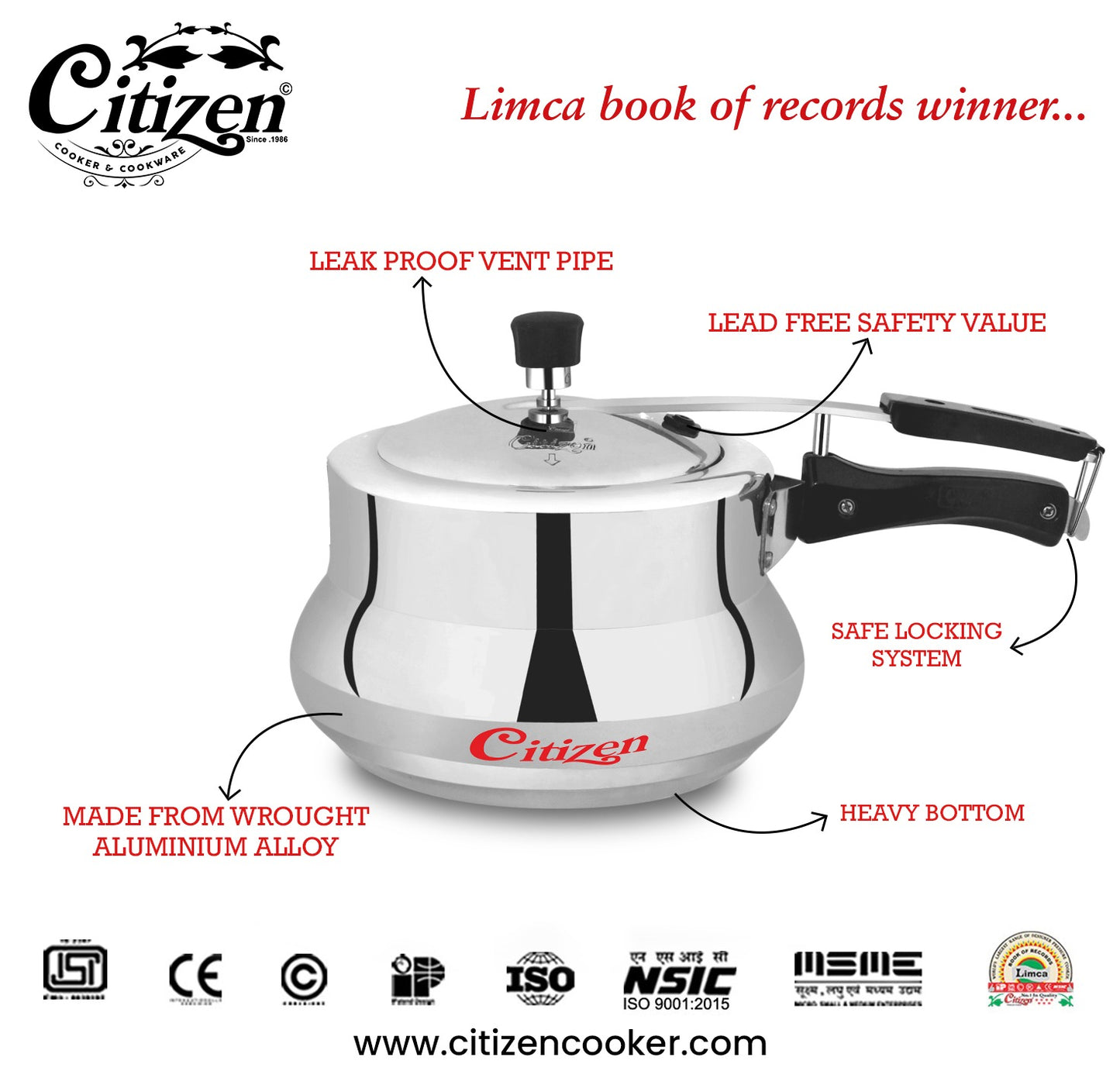 Citizen Marvel Mirror Finish Inner Lid Pressure Cooker with Gas Compatible (ISI Certified)