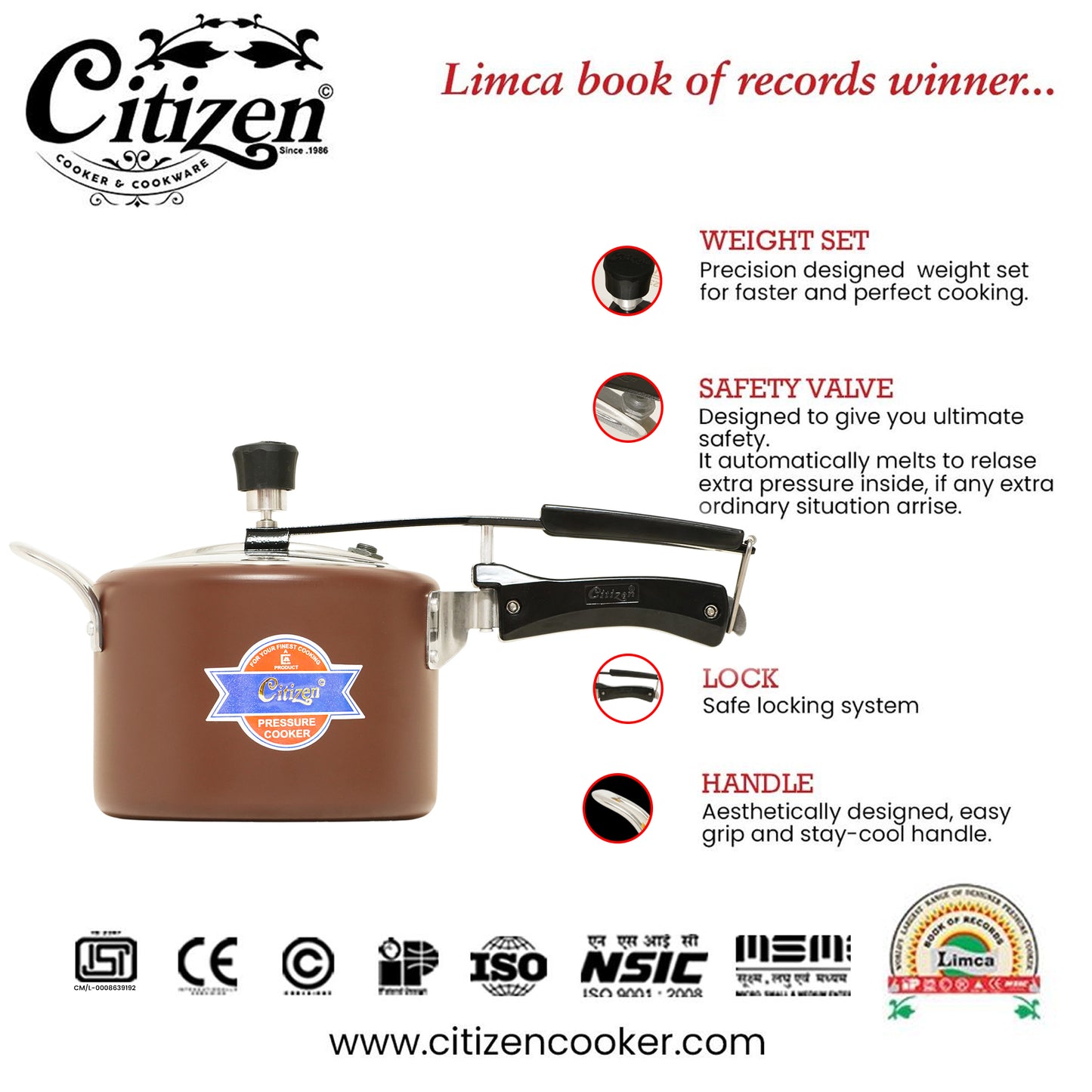 Citizen Smart Color Copper Matte with SS Lid & Induction + Gas Compatible Inner Lid Pressure Cooker (ISI Certified)