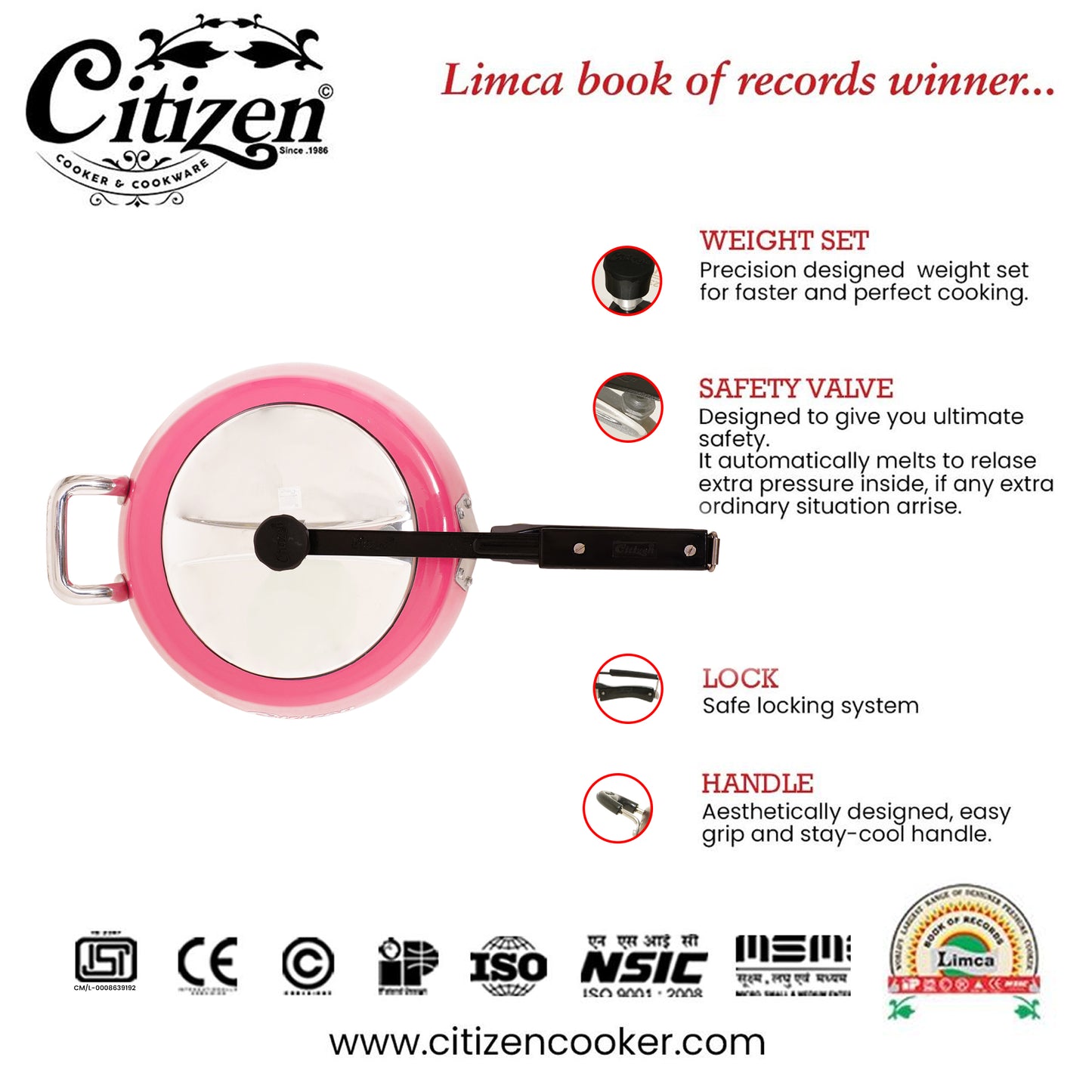 Citizen Handi Color Pink Glossy with SS Lid & Induction + Gas Compatible Inner Lid Pressure Cooker (ISI Certified)