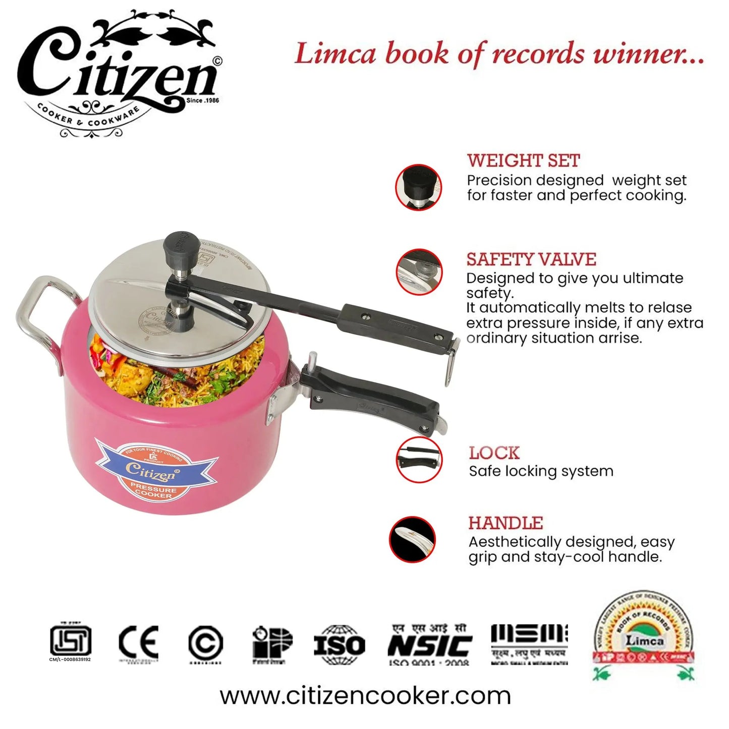 Citizen Smart Color Pink Glossy with SS Lid & Induction + Gas Compatible Inner Lid Pressure Cooker (ISI Certified) Citizen