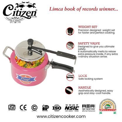 Citizen Smart Color Pink Glossy with SS Lid & Induction + Gas Compatible Inner Lid Pressure Cooker (ISI Certified) Citizen
