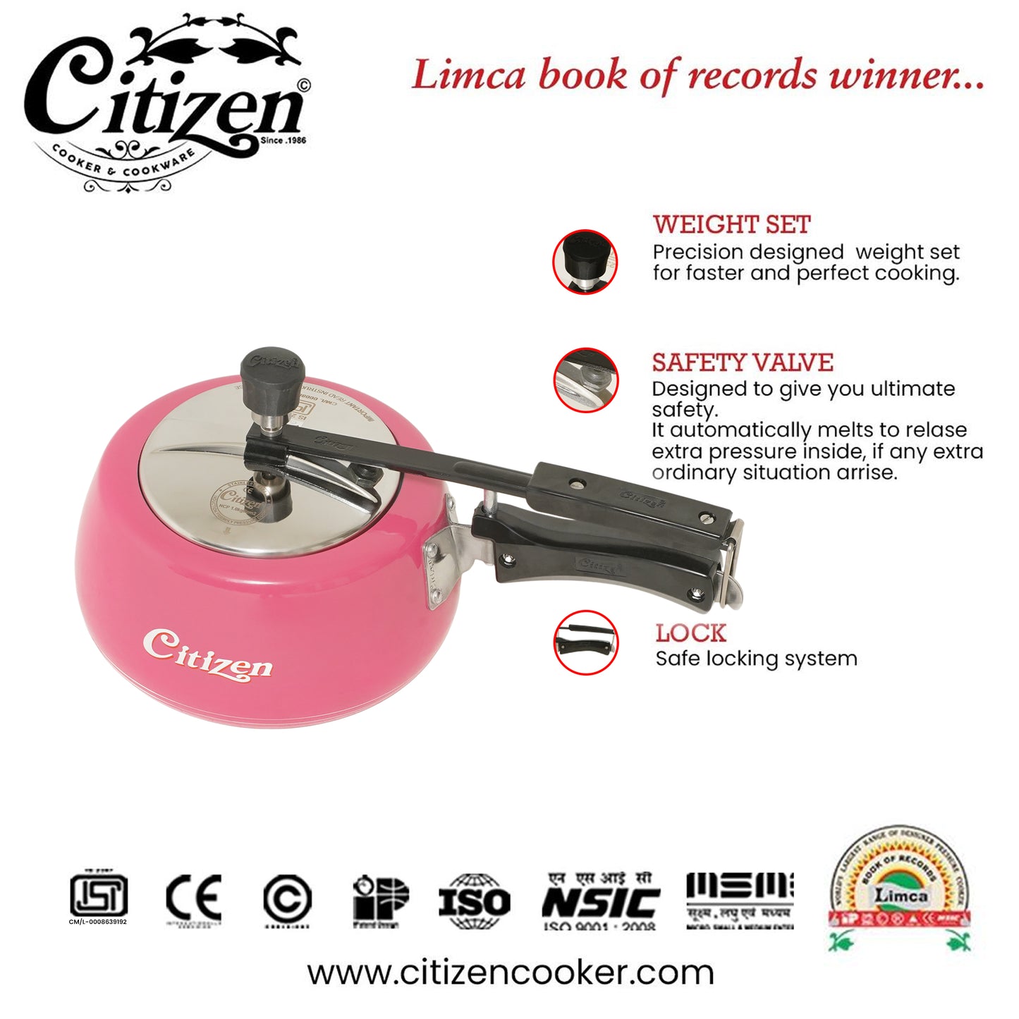 Citizen Handi Color Pink Glossy with SS Lid & Induction + Gas Compatible Inner Lid Pressure Cooker (ISI Certified)