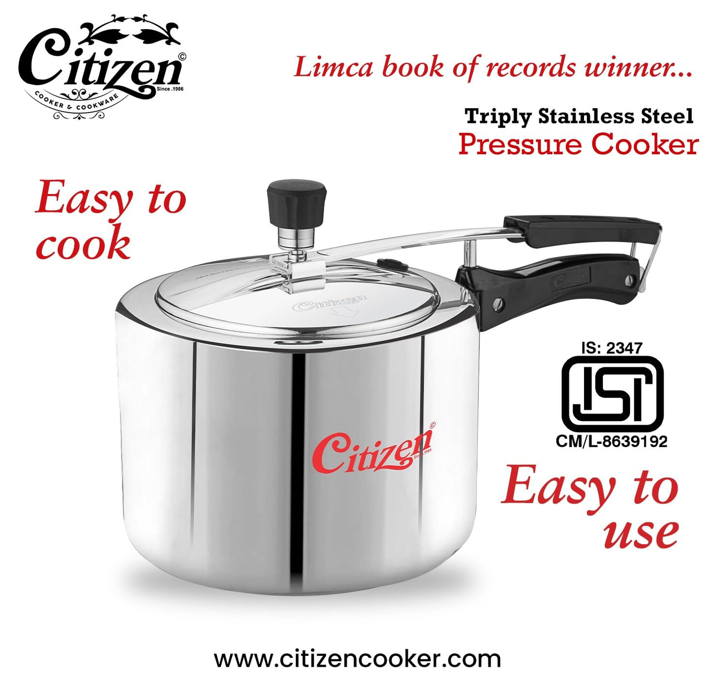 Citizen Smart TRI PLY Stainless Steel Inner Lid Pressure Cooker (ISI Certified, Induction and Gas Compatible)
