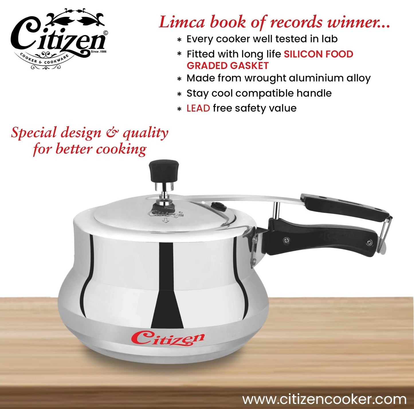 Citizen Marvel  Mirror Finish Induction Base Inner Lid Pressure Cooker (ISI Certified, Induction and Gas Compatible)