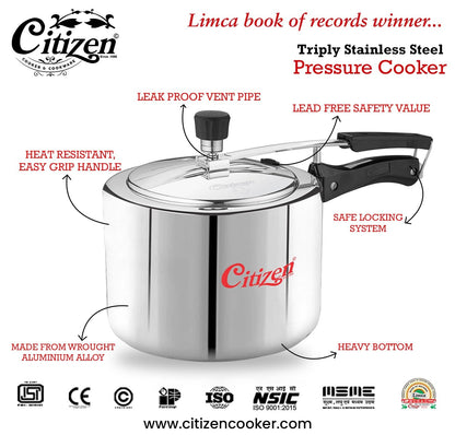 Citizen Smart TRI PLY Stainless Steel Inner Lid Pressure Cooker (ISI Certified, Induction and Gas Compatible)