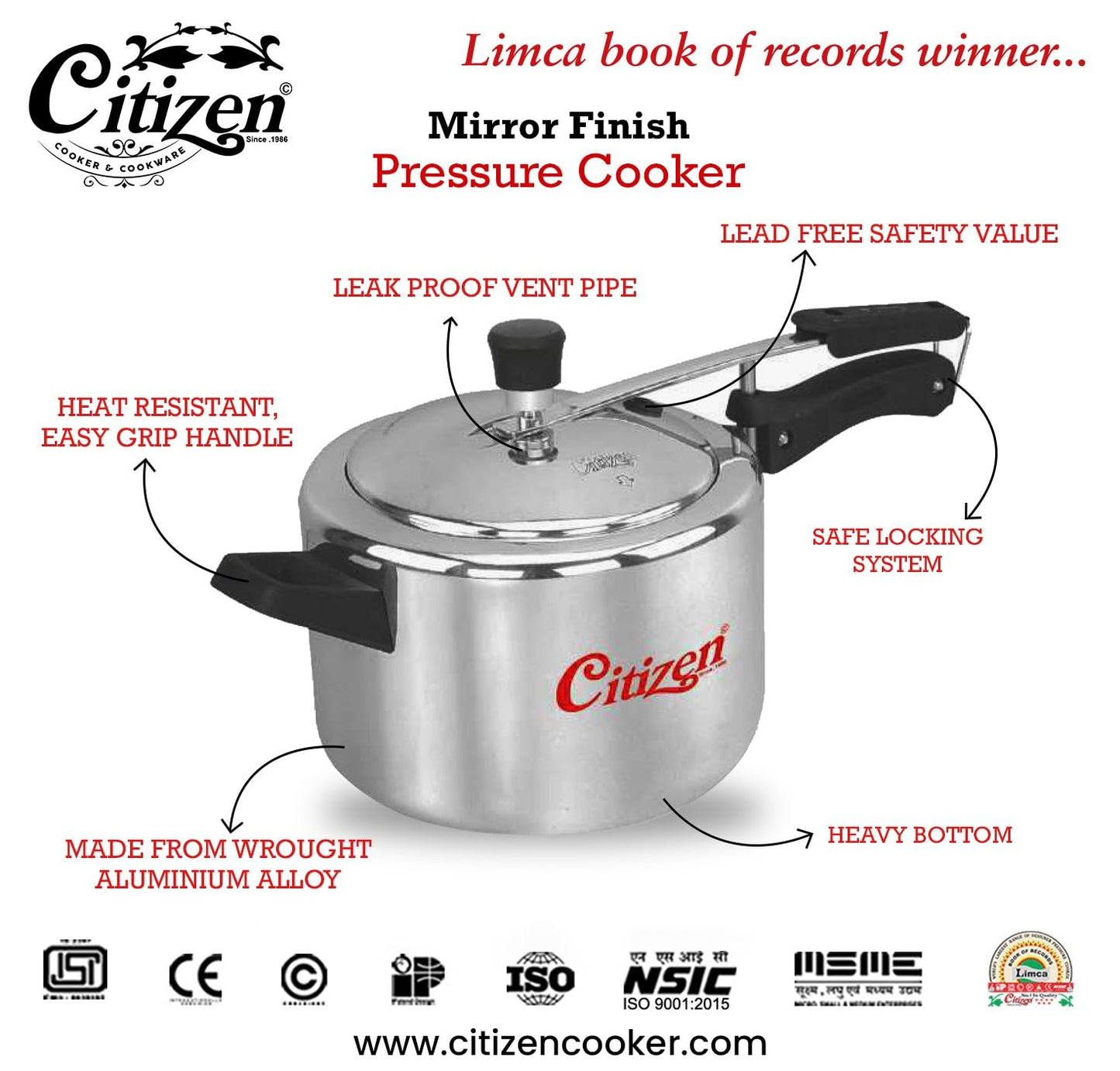 Citizen Smart  Mirror Finish Induction Base Inner Lid Pressure Cooker (ISI Certified, Induction and Gas Compatible)