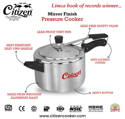 Citizen Smart  Mirror Finish Induction Base Inner Lid Pressure Cooker (ISI Certified, Induction and Gas Compatible)