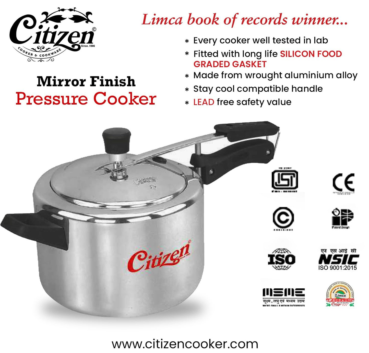 Citizen Smart  Mirror Finish Induction Base Inner Lid Pressure Cooker (ISI Certified, Induction and Gas Compatible)